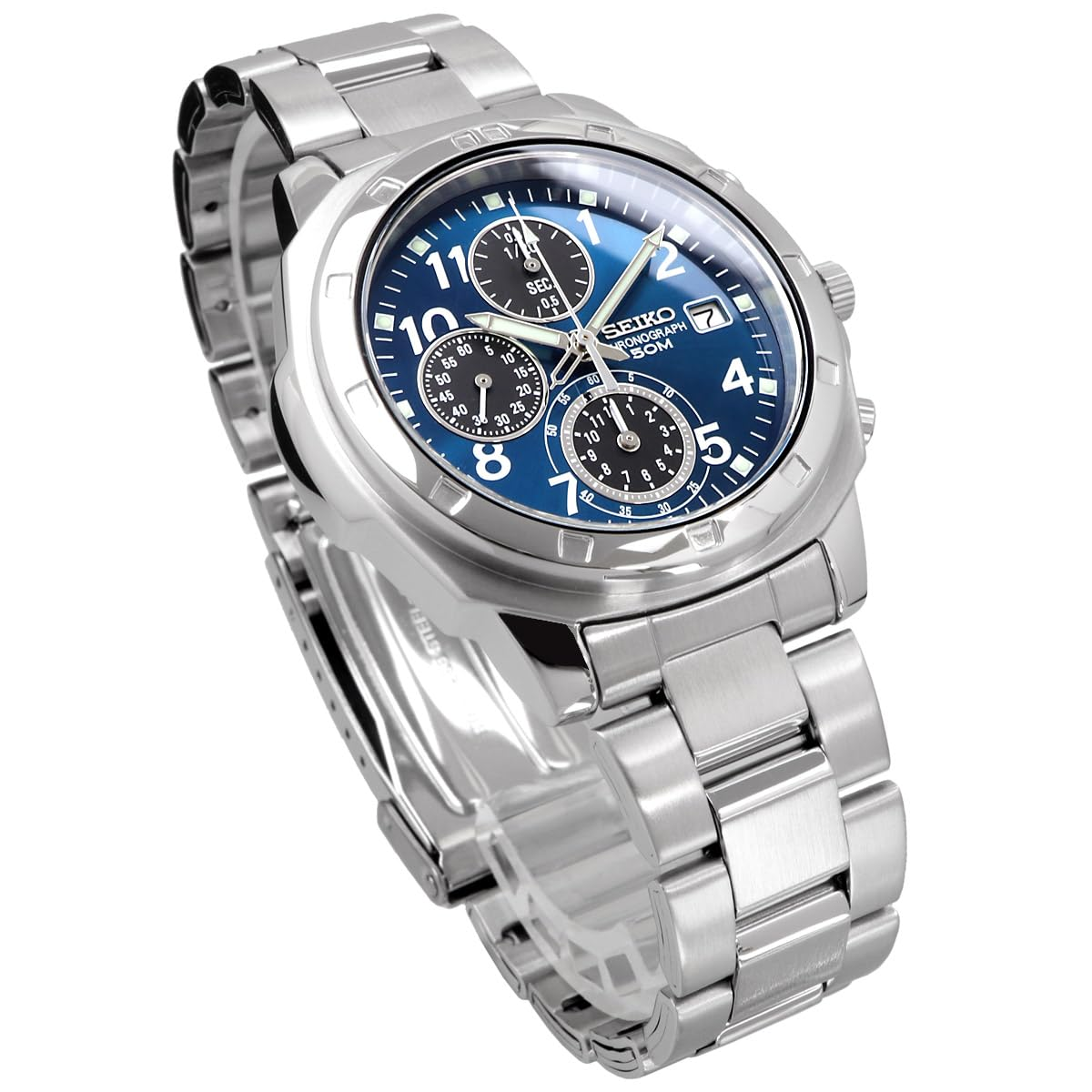 Seiko SND193P Stainless Steel Sunburst Blue Chronograph Men's Watch