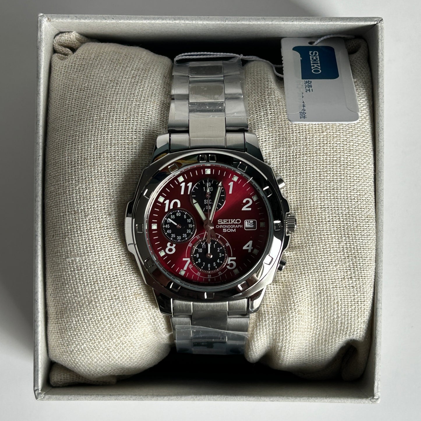 Seiko SND495P Stainless Steel Sunburst Red Chronograph Men's Watch