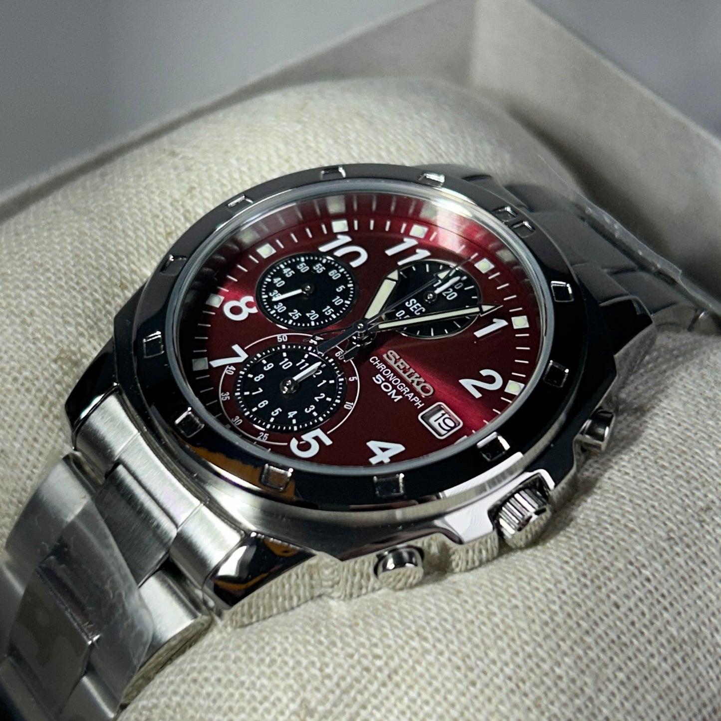 Seiko SND495P Stainless Steel Sunburst Red Chronograph Men's Watch