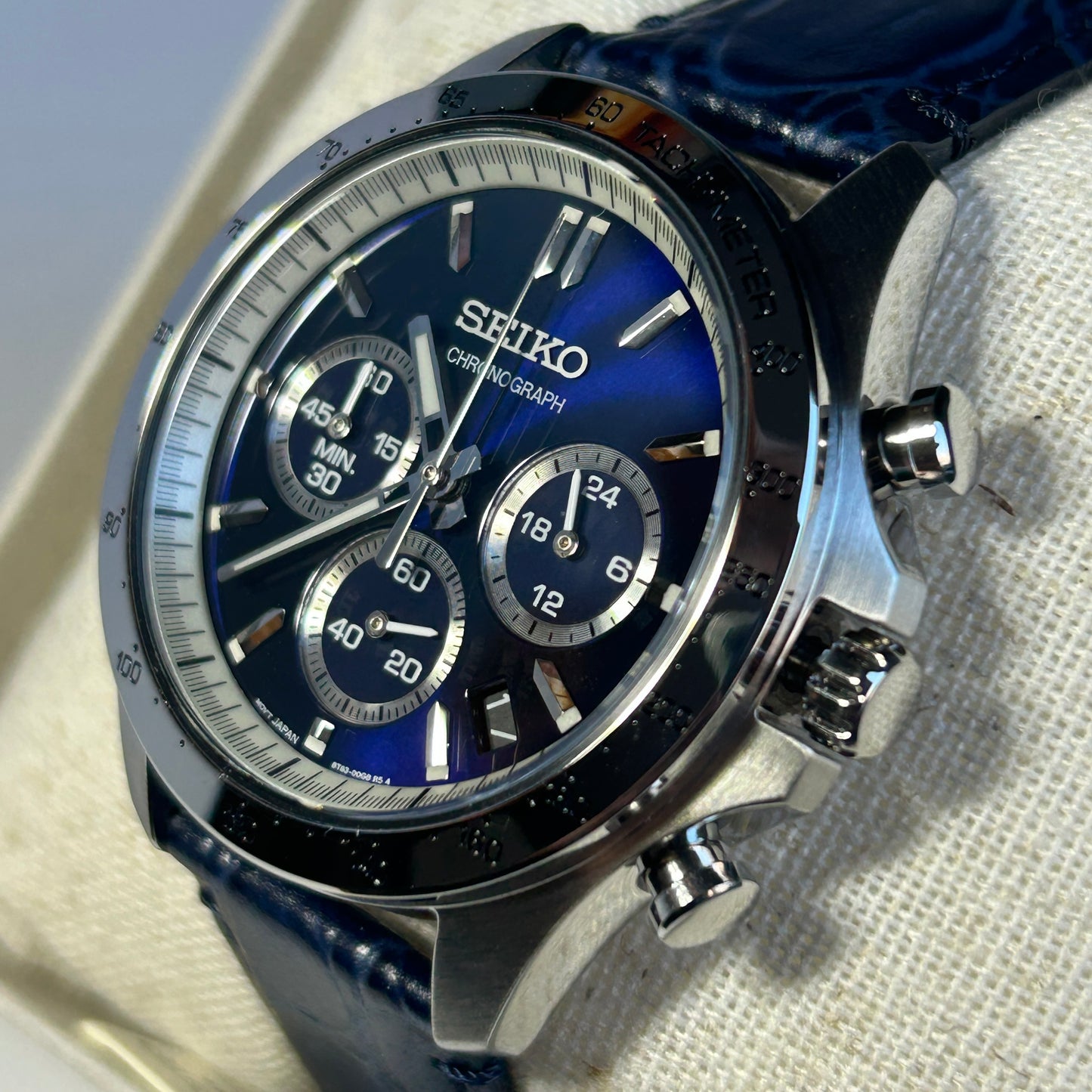 Seiko SBTR019 Chronograph Men's Watch | Steel & Leather, Blue Dial