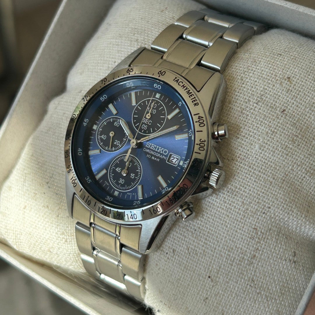 Seiko SBTQ071 Chronograph Men's Watch | Stainless Steel, Blue Dial