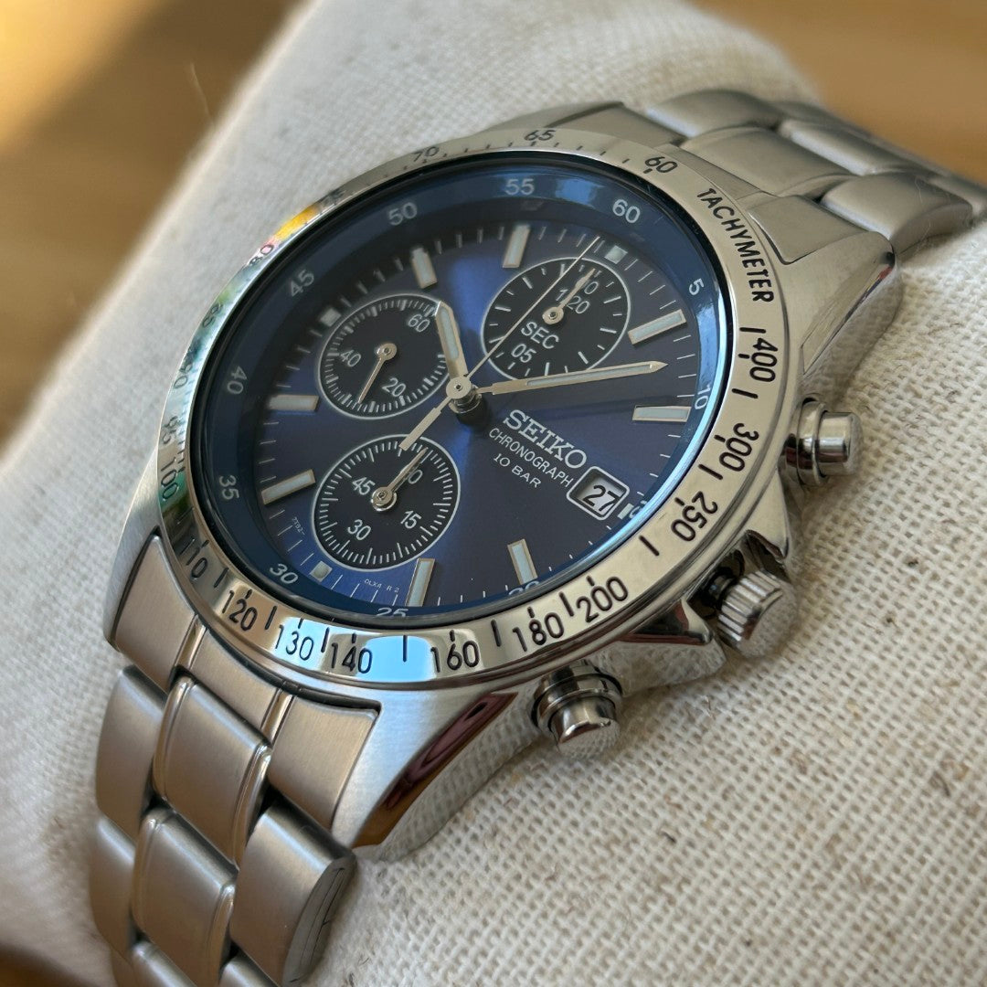 Seiko SBTQ071 Chronograph Men's Watch | Stainless Steel, Blue Dial