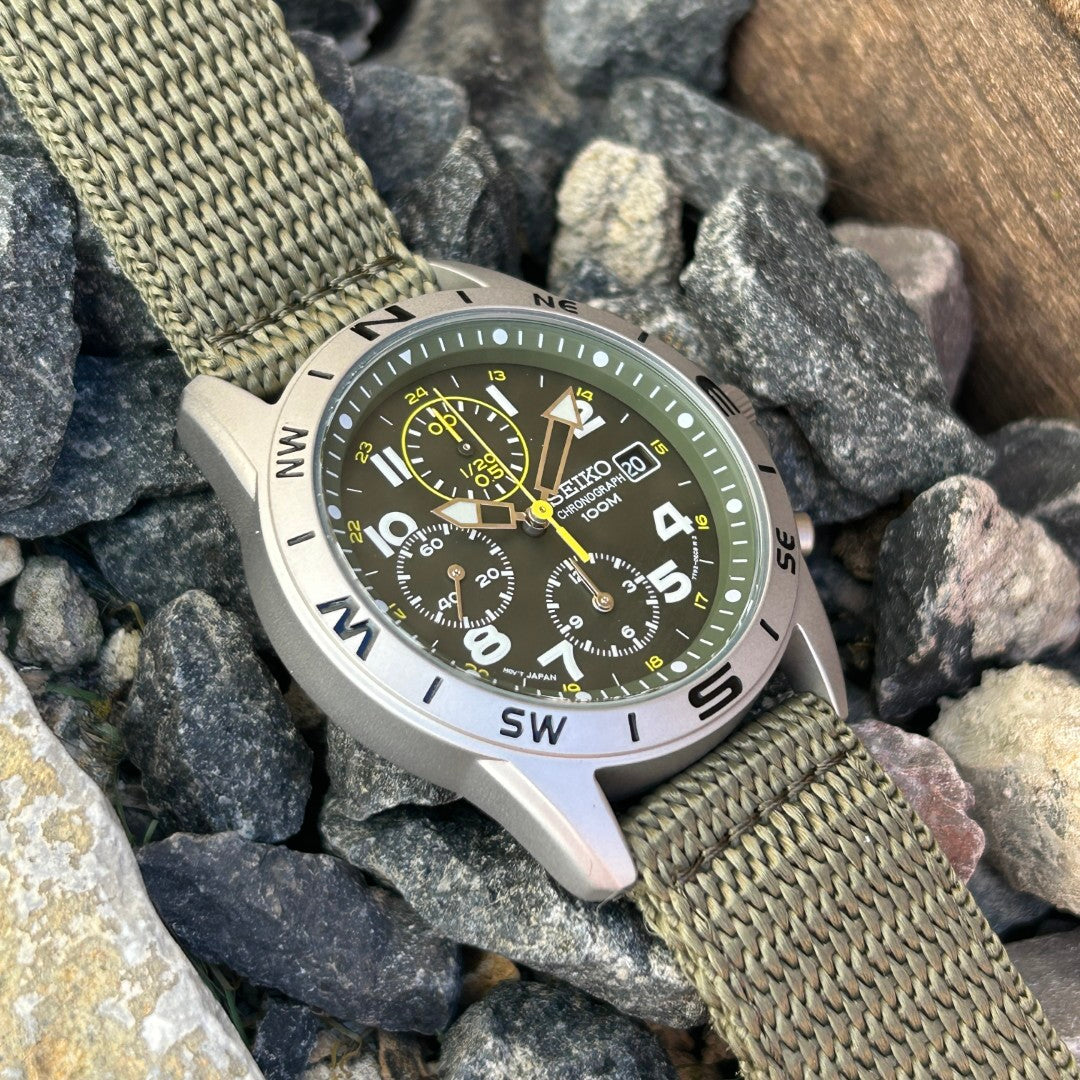 Seiko SND377R Chronograph Men's Watch | Brushed Steel & Nylon, Green Dial
