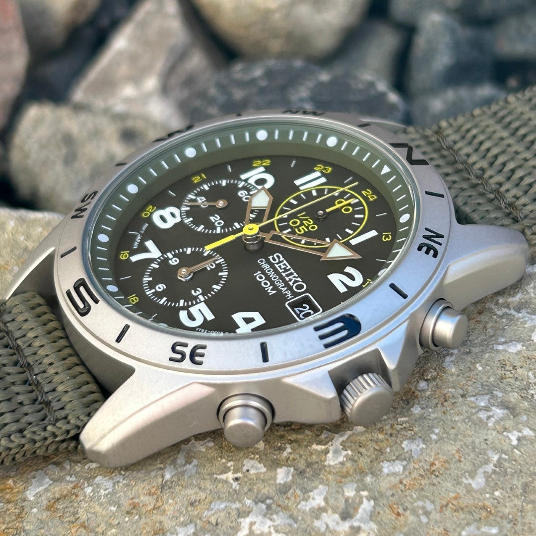Seiko SND377R Chronograph Men's Watch | Brushed Steel & Nylon, Green Dial