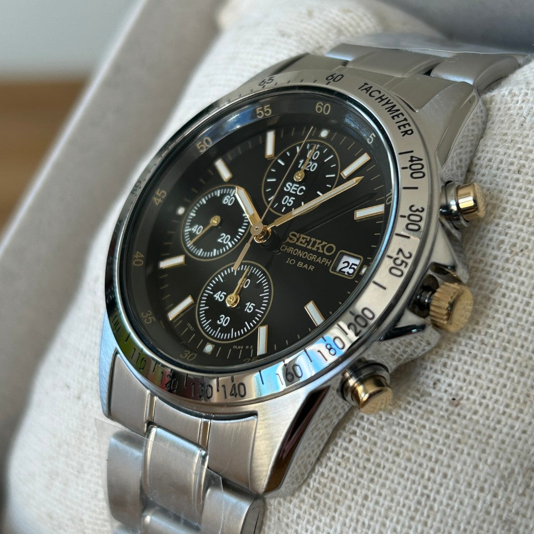 Seiko SBTQ043 Chronograph Men's Watch | Stainless Steel, Black Gold Dial