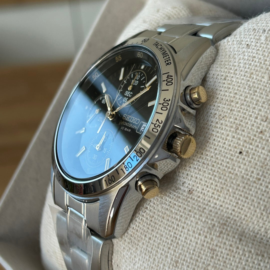 Seiko SBTQ043 Chronograph Men's Watch | Stainless Steel, Black Gold Dial