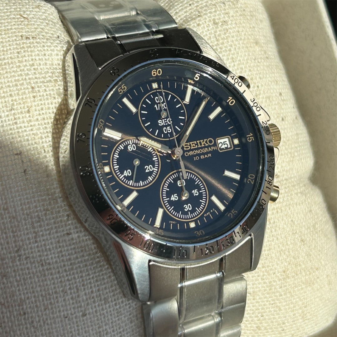 Seiko SBTQ043 Chronograph Men's Watch | Stainless Steel, Black Gold Dial