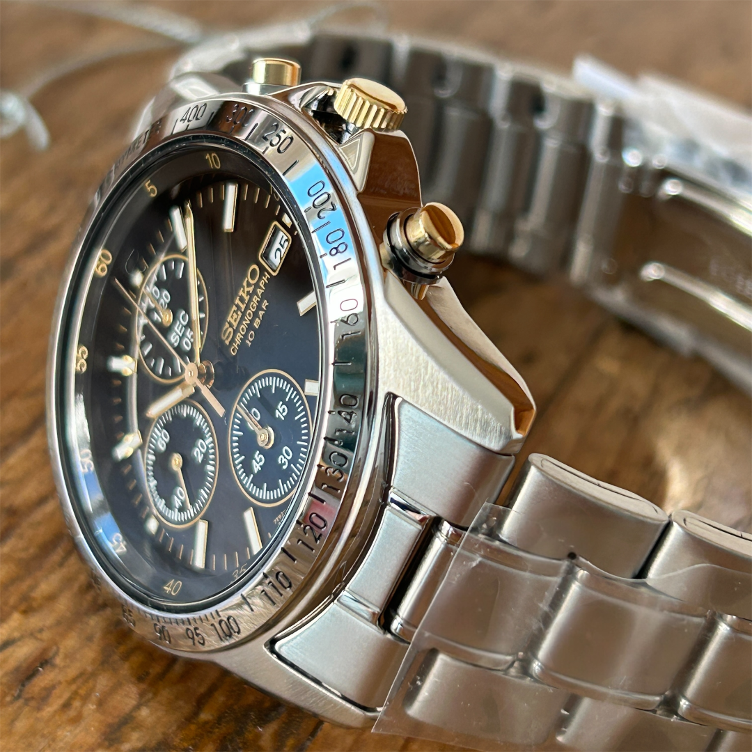 Seiko SBTQ043 Chronograph Men's Watch | Stainless Steel, Black Gold Dial