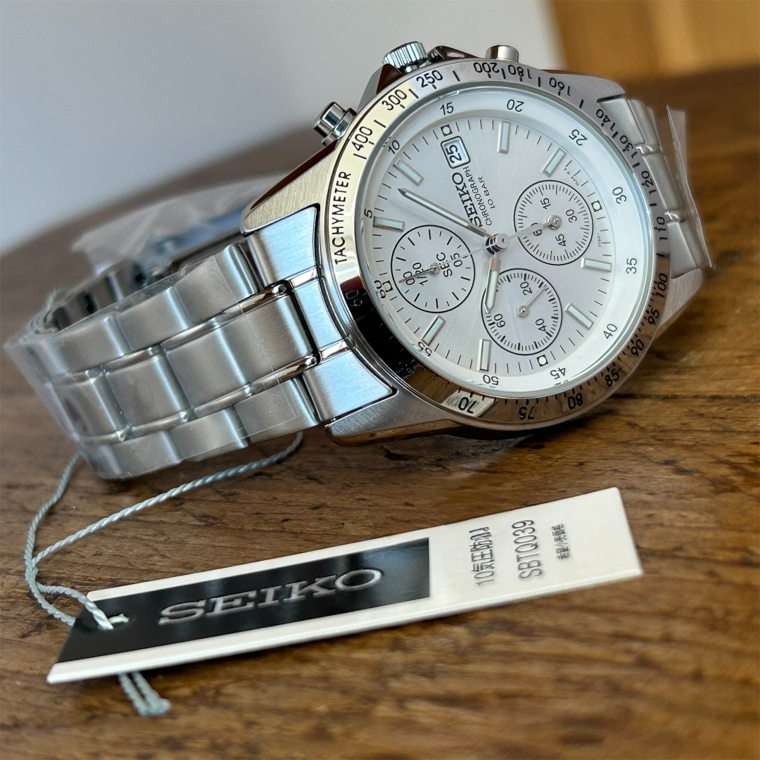 Seiko SBTQ039 Chronograph Men's Watch | Stainless Steel, Snow Dial