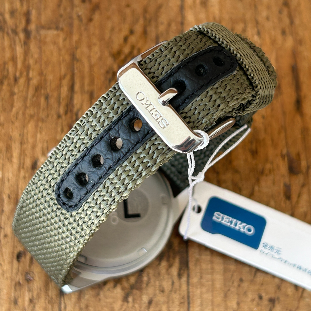 Seiko SND377R Chronograph Men's Watch | Brushed Steel & Nylon, Green Dial