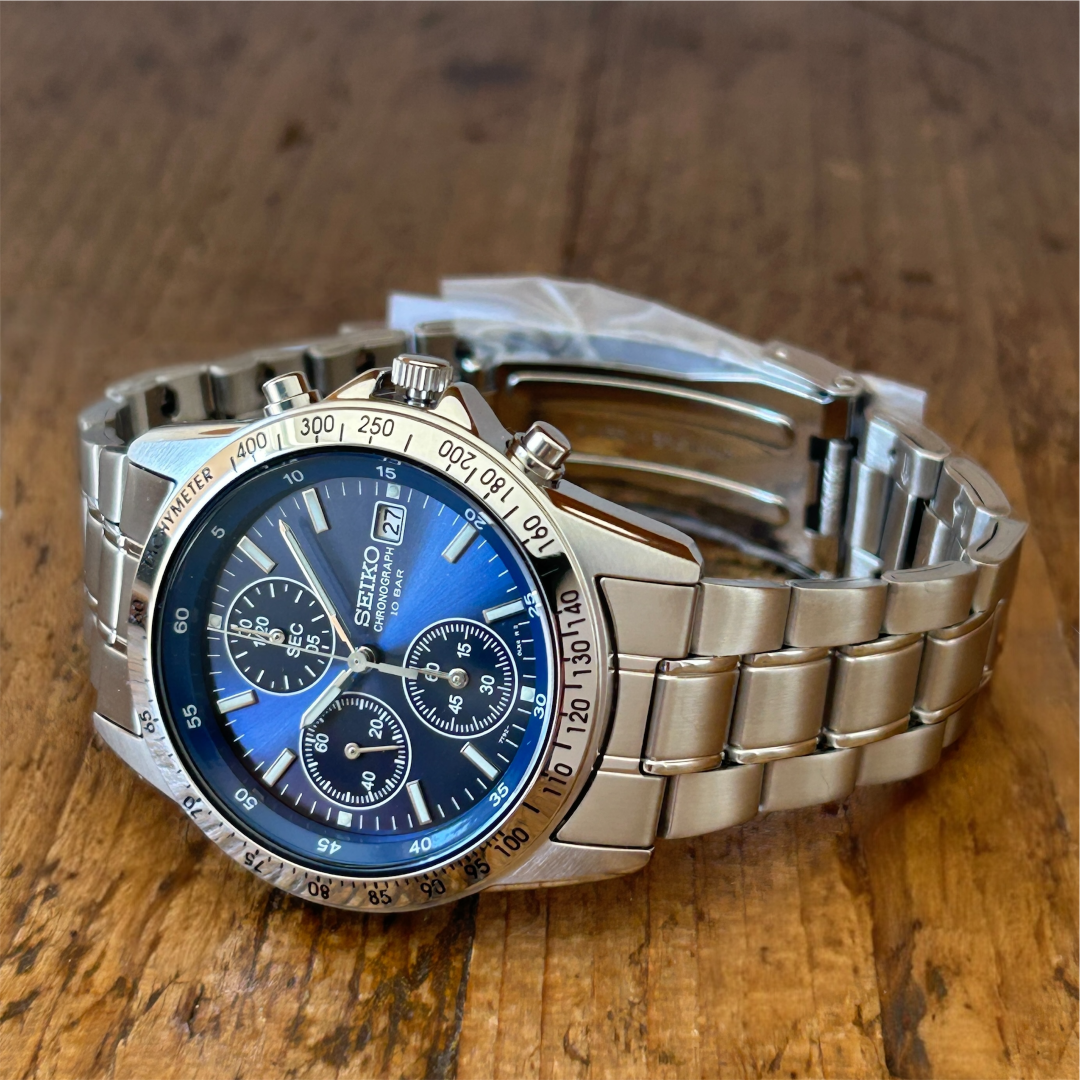 Seiko SBTQ071 Chronograph Men's Watch | Stainless Steel, Blue Dial