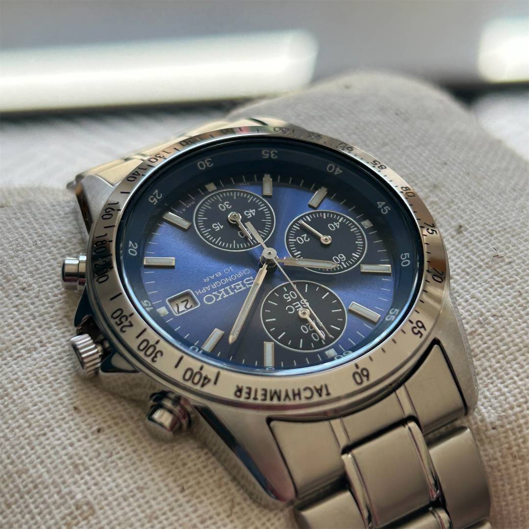 Seiko SBTQ071 Chronograph Men's Watch | Stainless Steel, Blue Dial