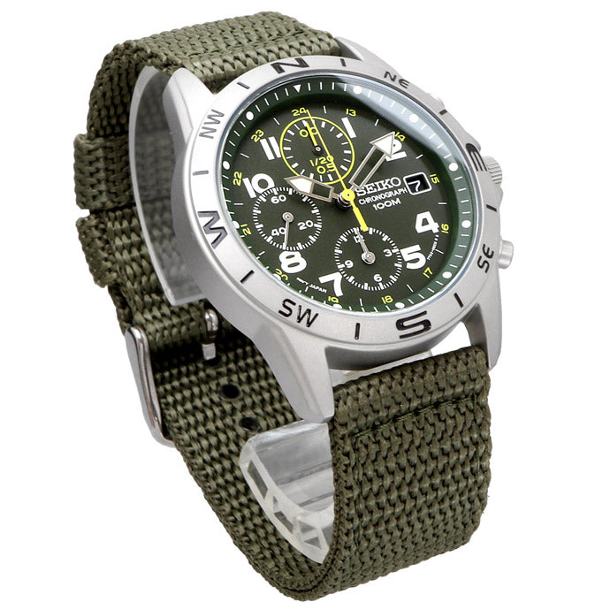 Seiko SND377R Chronograph Men's Watch | Brushed Steel & Nylon, Green Dial