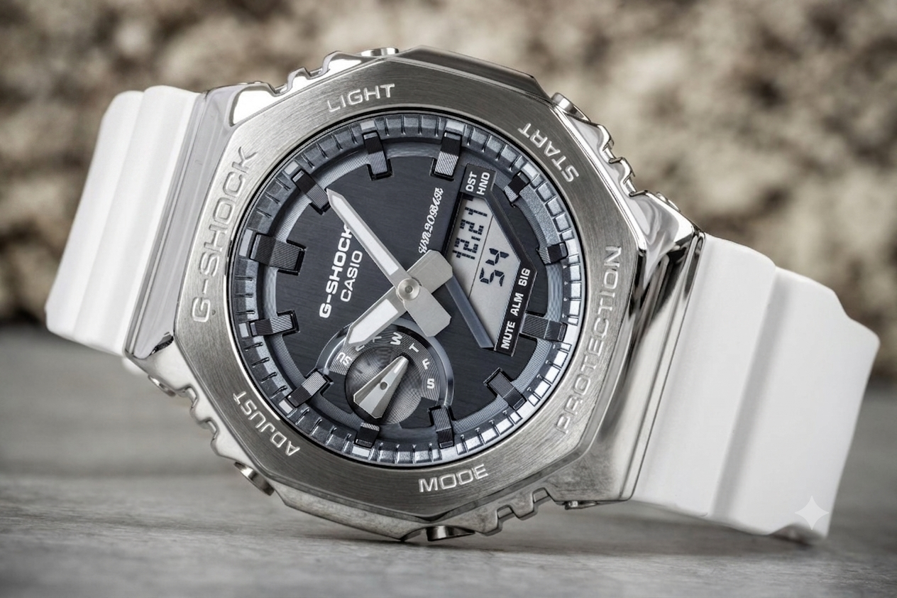 A Casio G-Shock watch with a silver-tone metal case, dark gray dial, and white rubber strap, resting on a gray surface with a blurred natural background.