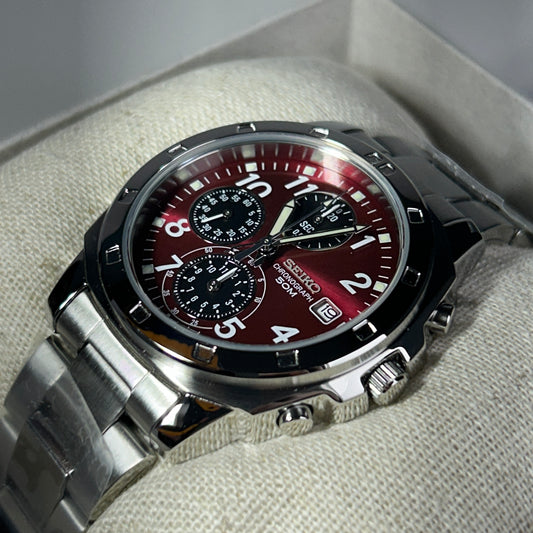Seiko SND495P Stainless Steel Sunburst Red Chronograph Men's Watch
