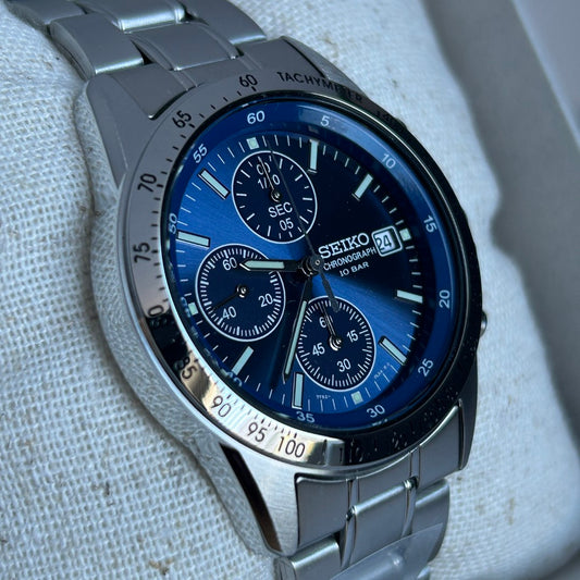 Seiko SBTQ071 Chronograph Men's Watch | Stainless Steel, Blue Dial