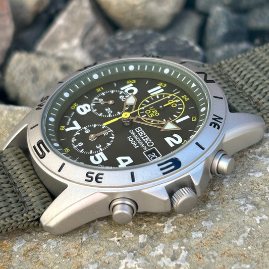 Seiko SND377R Chronograph Men's Watch | Brushed Steel & Nylon, Green Dial