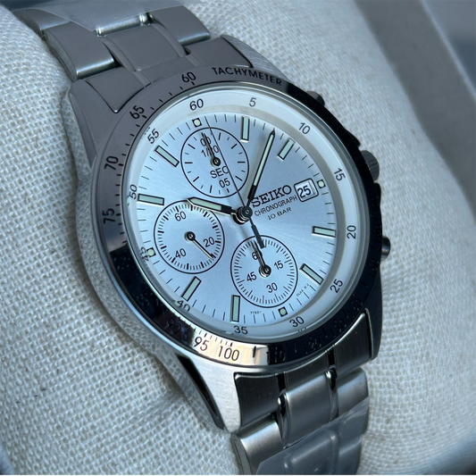 Seiko SBTQ039 Chronograph Men's Watch | Stainless Steel, Snow Dial