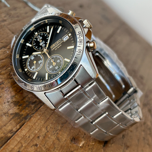 Seiko SBTQ043 Chronograph Men's Watch | Stainless Steel, Black Gold Dial